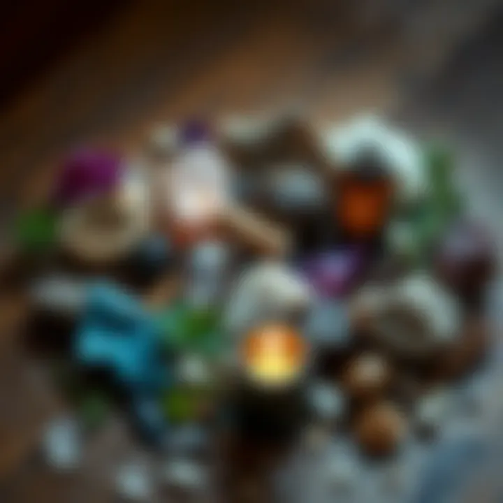 A collection of natural herbs and crystals arranged for holistic healing, representing management of autoimmune flare-ups.