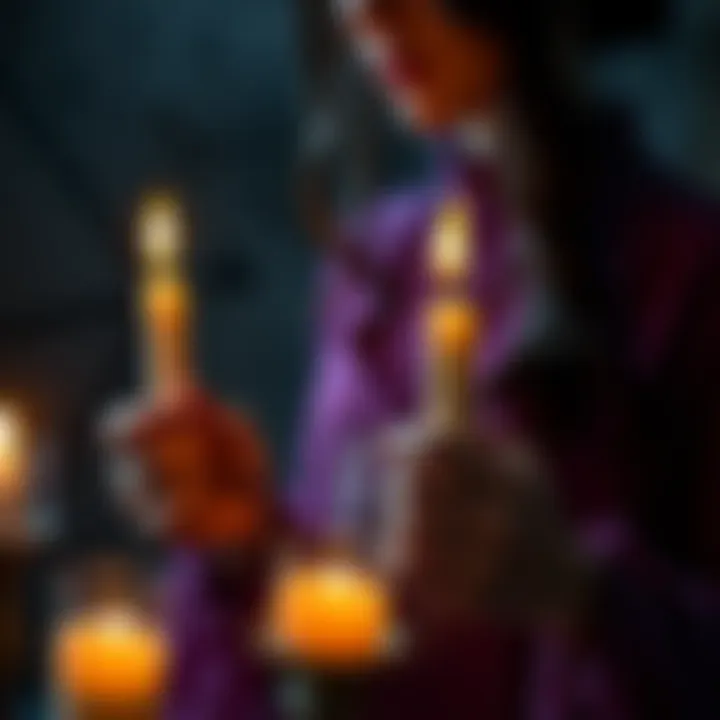 A person holding candles and crystals while performing a spell to reconnect with a friend.