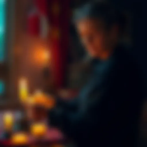 A person performing a spell with candles and herbs, aiming to create a better living situation by encouraging a neighbor to move away.