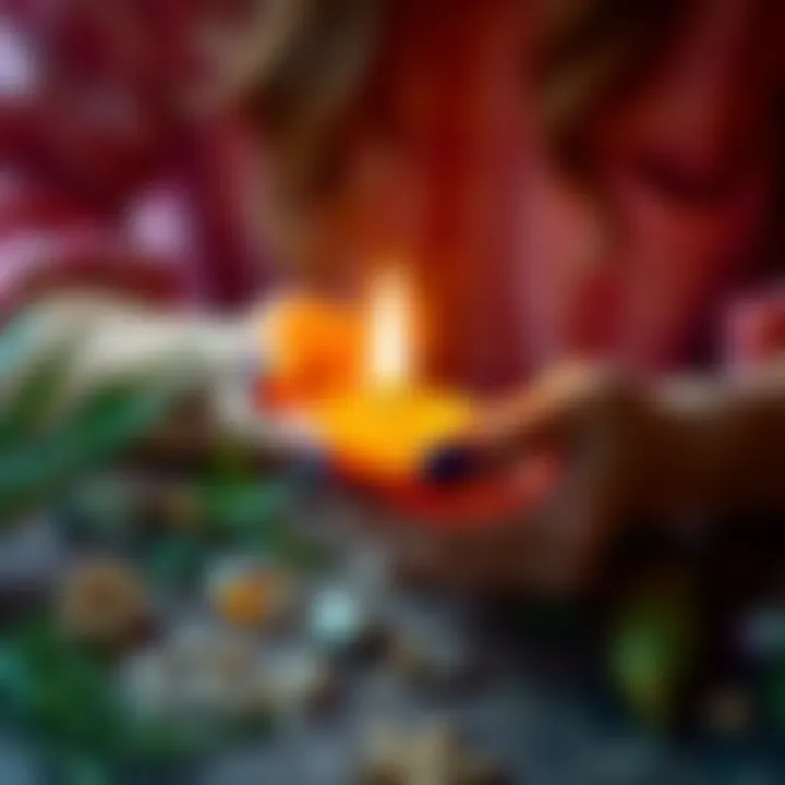 Spells for Pain Relief A person holding a small candle with herbs and crystals around, symbolizing energy and healing for physical pain relief.