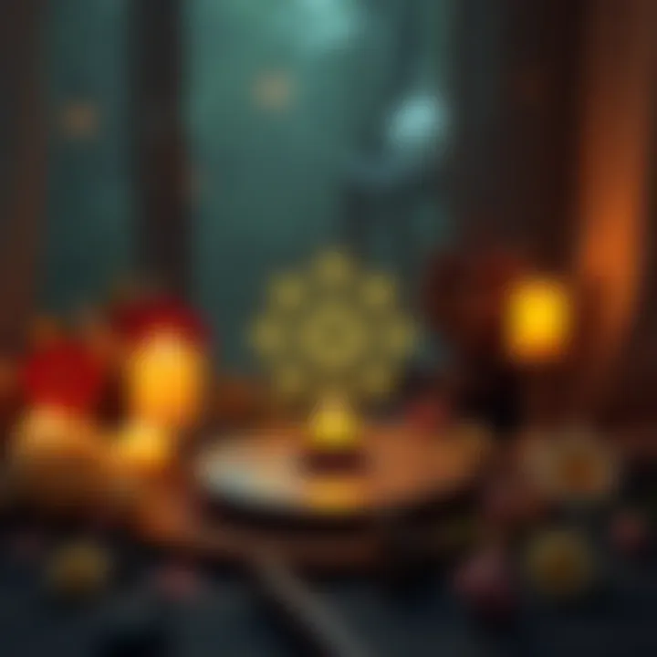 A serene scene with glowing sigils and candles surrounded by calming elements like flowers and a peaceful background.