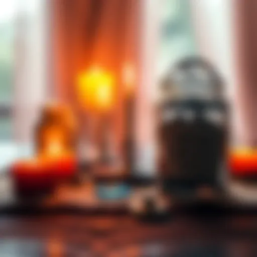 A table with candles, crystals, and two spell jars representing reconciliation and road opener spells, surrounded by a warm glow