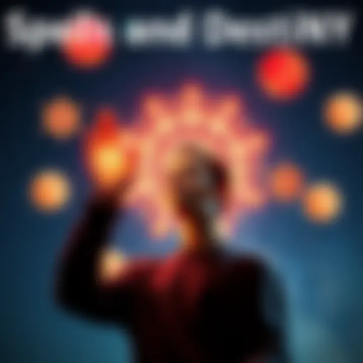 A person casting a spell with glowing symbols around them, contemplating their fate against a starry night sky.