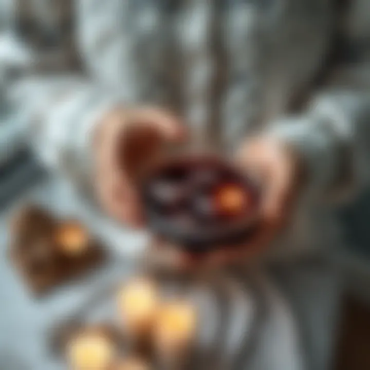 A person holding a small bowl with period blood immersed in candles and crystals, representing love spells for a long-distance relationship.