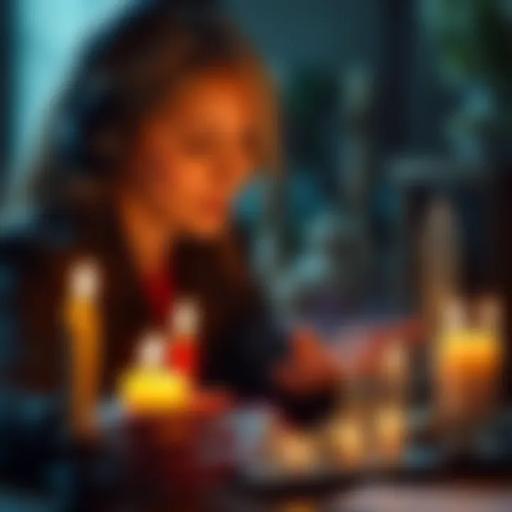 A person performing a spell with candles and crystals while listening to subliminal audio on headphones