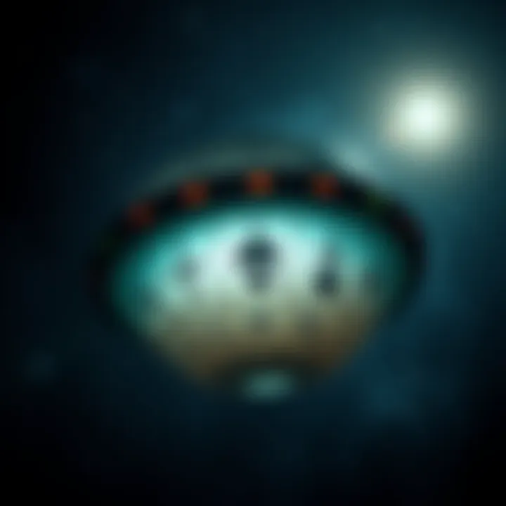 Sphere-shaped UFO with alien writing A close-up view of a sphere-shaped UFO covered in strange symbols, suggesting alien origin, set against a starry night sky.
