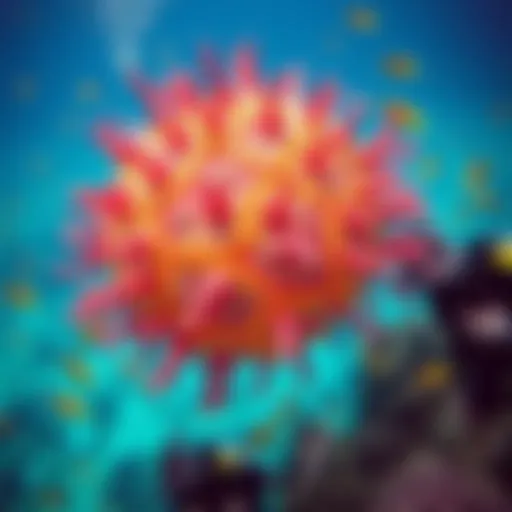 SCUBA divers observe a strange spherical creature underwater in the Bahamas, surrounded by colorful fish and corals.