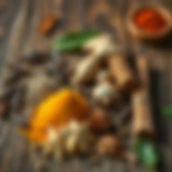 A variety of spices including cloves, ginger, and cinnamon displayed on a wooden table as alternatives to cardamom pods.