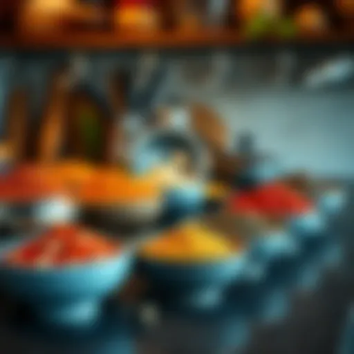 Various colorful spices arranged in bowls on a kitchen counter, showcasing the richness of flavors for cooking