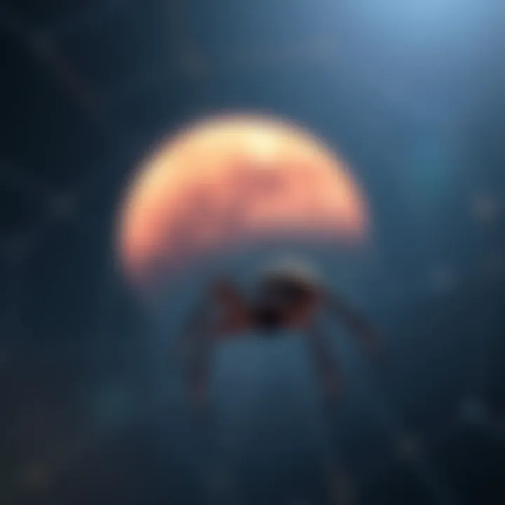 Spider on a Web A spider sitting on its web, looking unaware of the distant planet Mars in the sky, symbolizing limited awareness of the universe.