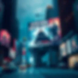 A large billboard in New York City promoting Steven Spielberg's upcoming movie, featuring intriguing visuals and text.