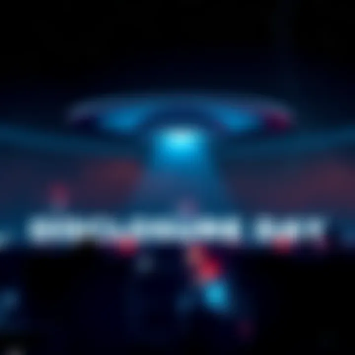 A scene from the new trailer showing a UFO in the night sky with a city skyline below.