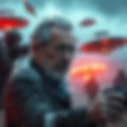 Steven Spielberg directing a scene with UFOs and military themes, inspired by his film 'Disclosure Day'.