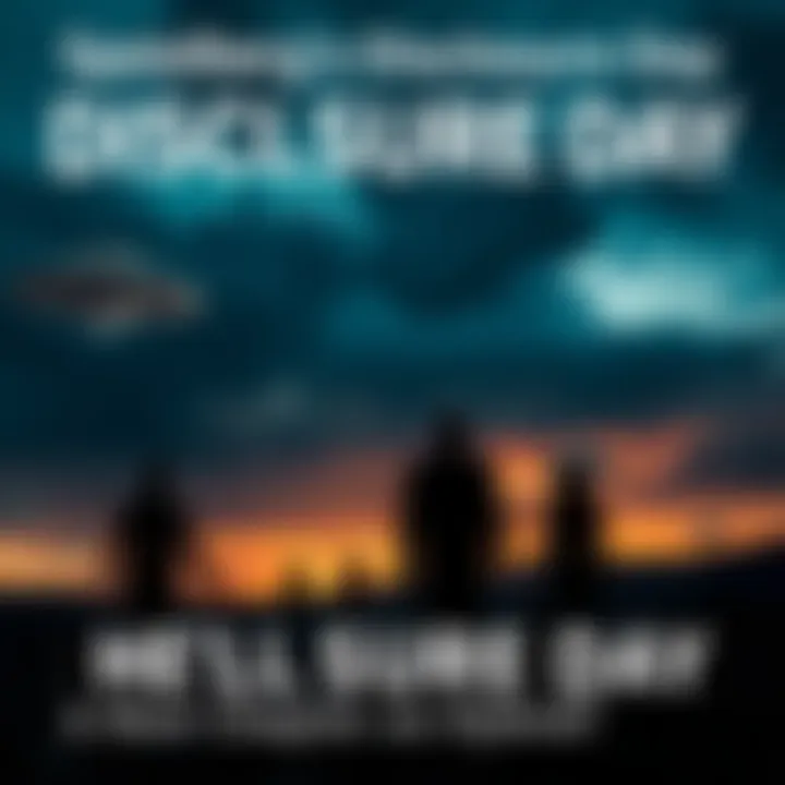 A cinematic scene featuring a darkened sky with alien spacecraft and silhouettes of hybrid figures. The atmosphere conveys themes of suspense and intrigue, reflecting Spielberg's storytelling style.