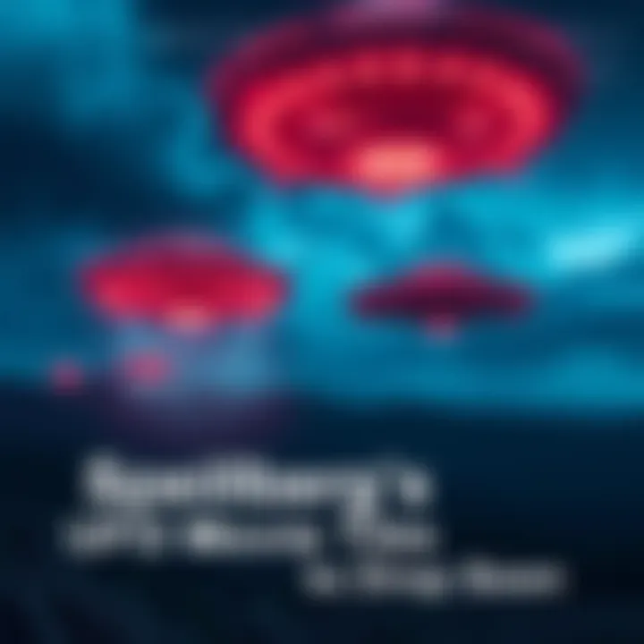 Scene featuring UFOs in the night sky with a dramatic backdrop, hinting at Spielberg's upcoming film.