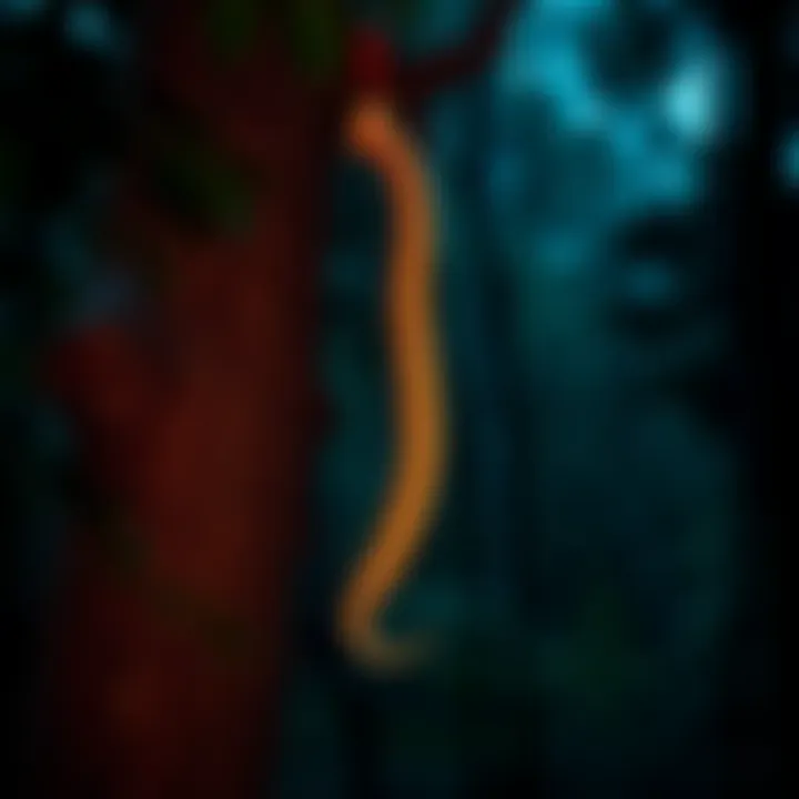 A human spine is seen hanging from a tree in the woods, surrounded by dark foliage and eerie shadows, suggesting a feeling of being watched.