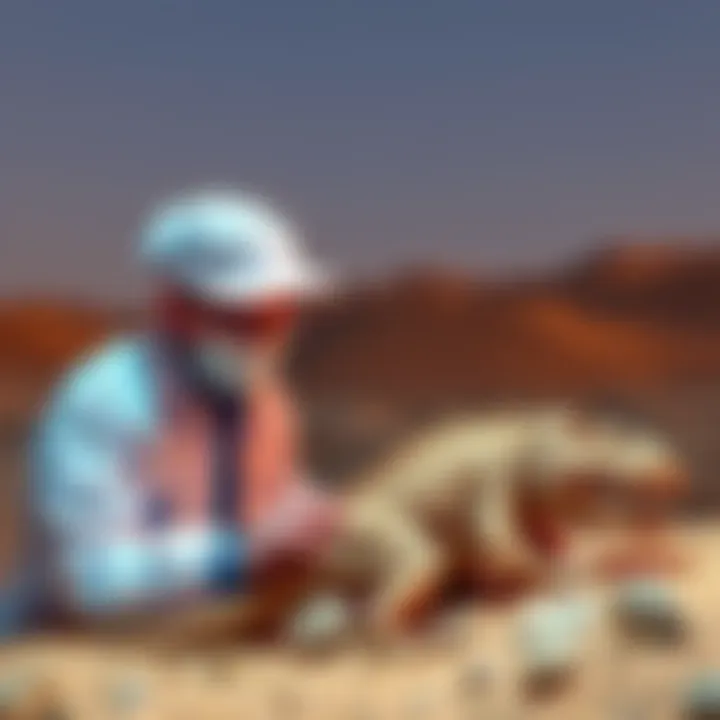 A paleontologist examining a fossil of the newly discovered Spinosaurus Mirabilis in the Sahara Desert.