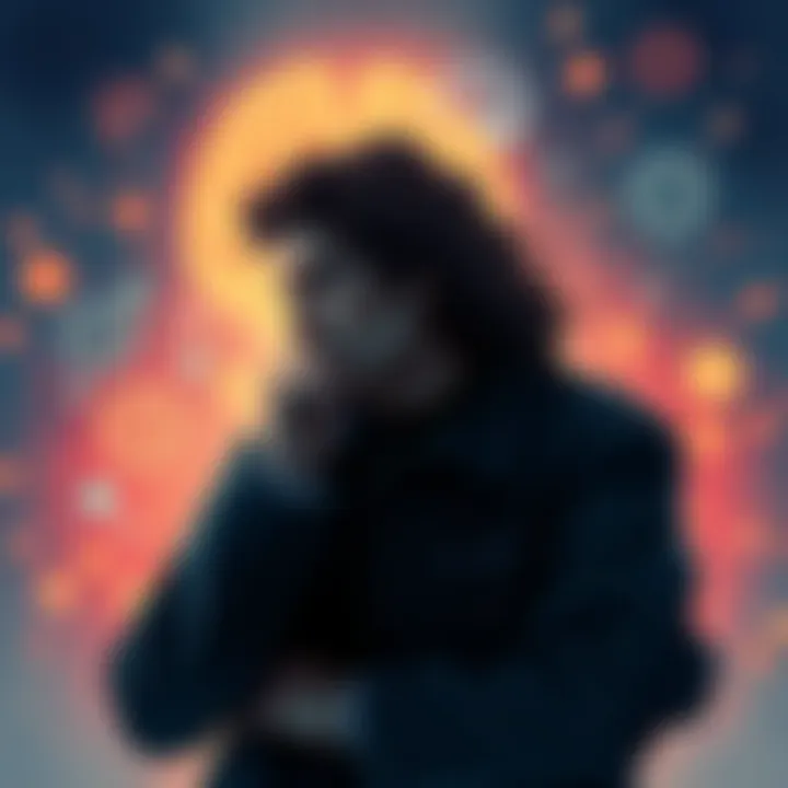 Illustration of a thinker pondering Spinoza's ideas with a backdrop of brain imagery and philosophical symbols