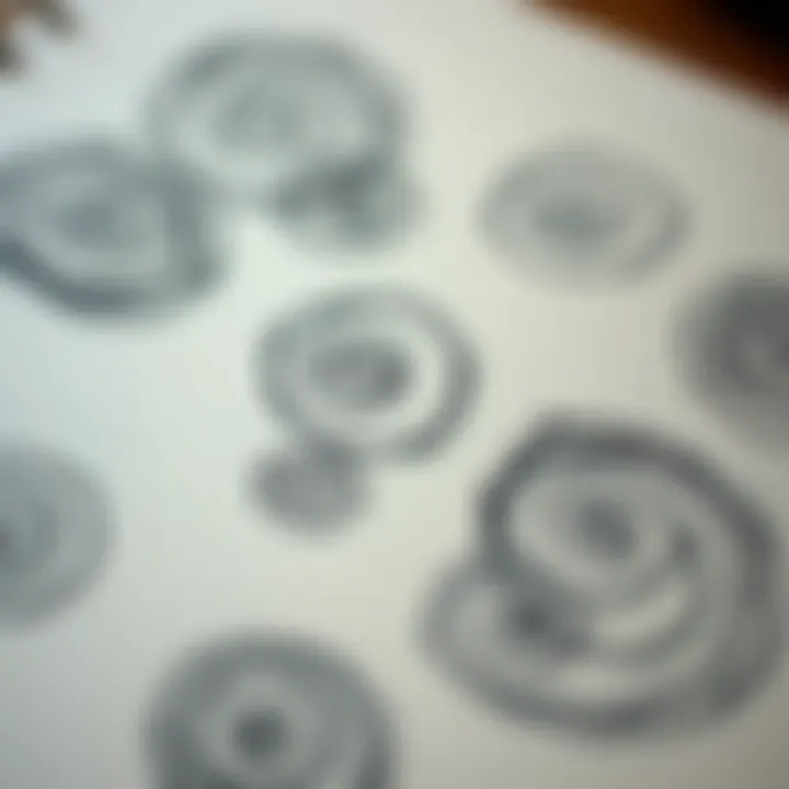 A close-up of spirals drawn in a personal notebook, showing different styles and sizes of spiral patterns in black ink.