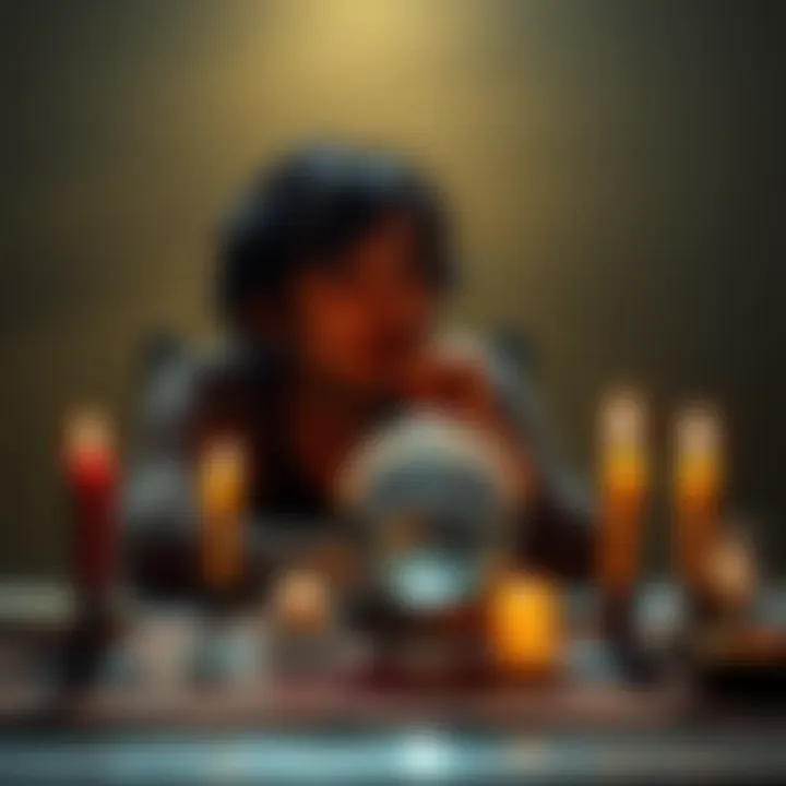 Person practicing spirit evocation A person sitting at a table with candles and a crystal ball during a spirit evocation session, looking thoughtful and focused.