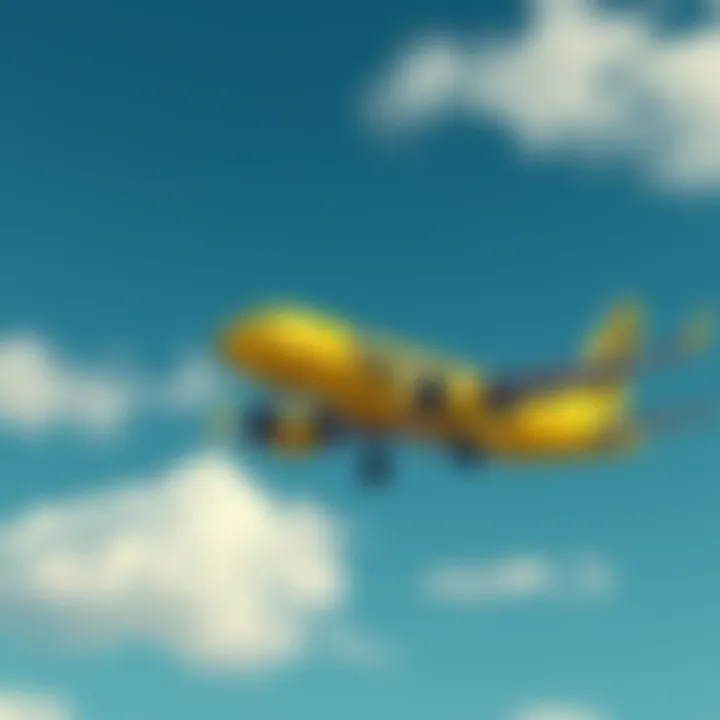 A bright yellow Spirit Airlines aircraft flying in a clear blue sky with clouds