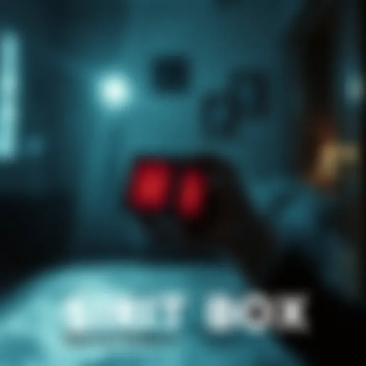 A person holding a Spirit Box device in a dark room, listening intently for responses, with faint shadows in the background