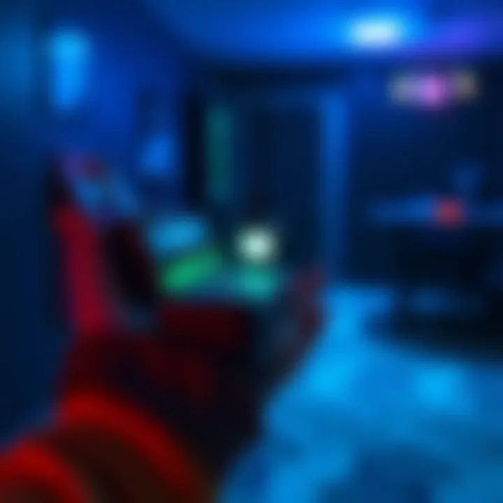 A person holding a spirit box device, with a faint glow indicating it's active, during a paranormal investigation.