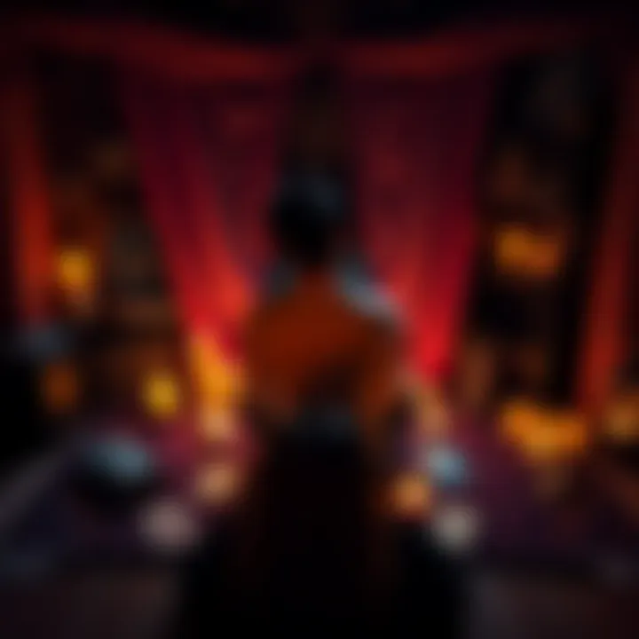 A person sitting in a cozy space surrounded by tarot cards and candles, connecting with spirit guides through messages.