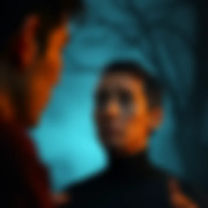 Spirit influencing a conversation A person with a worried expression, speaking to another individual, while a faint shadowy presence looms nearby, symbolizing a malicious spirit affecting their words.