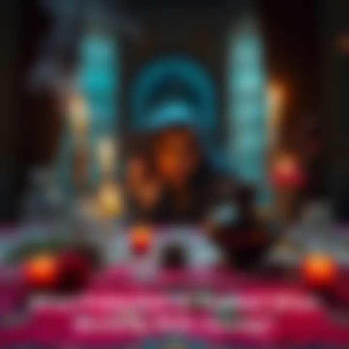 A person preparing protective symbols and cleansing items on a table before working with the spirit Vassago, surrounded by candles and herbs.