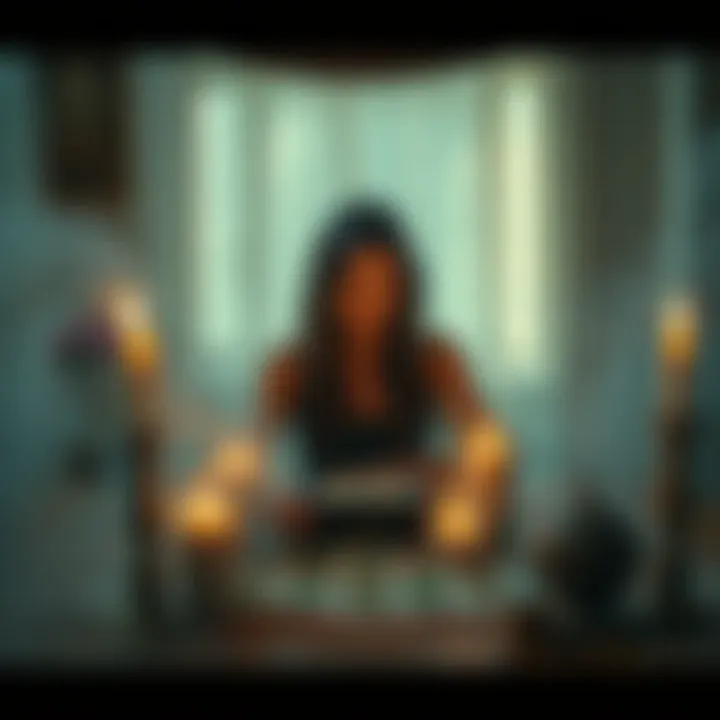 A person sitting at a table with tarot cards and candles, engaged in a spirit identification reading, seeking guidance from spiritual guides.