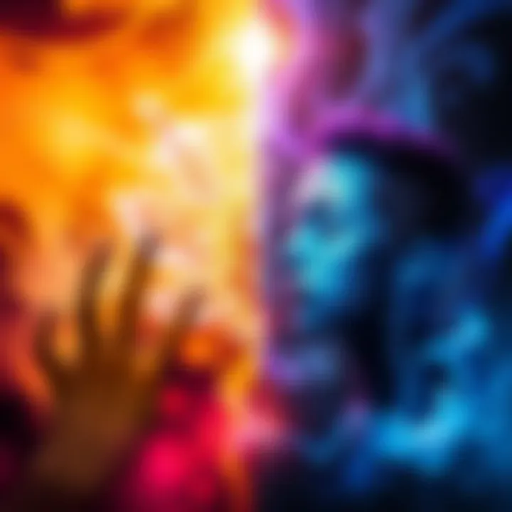 An artistic representation showing the spirit and soul as separate entities, with one representing light and energy and the other representing calmness and depth, surrounded by a vibrant background of colors.