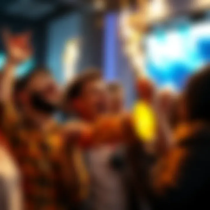 A group of people enjoying a humorous moment with a spirit trumpet, erupting in laughter and surprise.