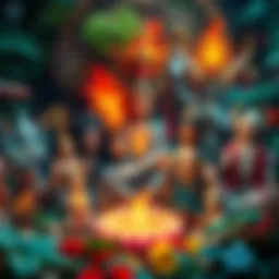 A collection of various spirits and local deities surrounded by nature, representing diverse spiritual beliefs and practices.