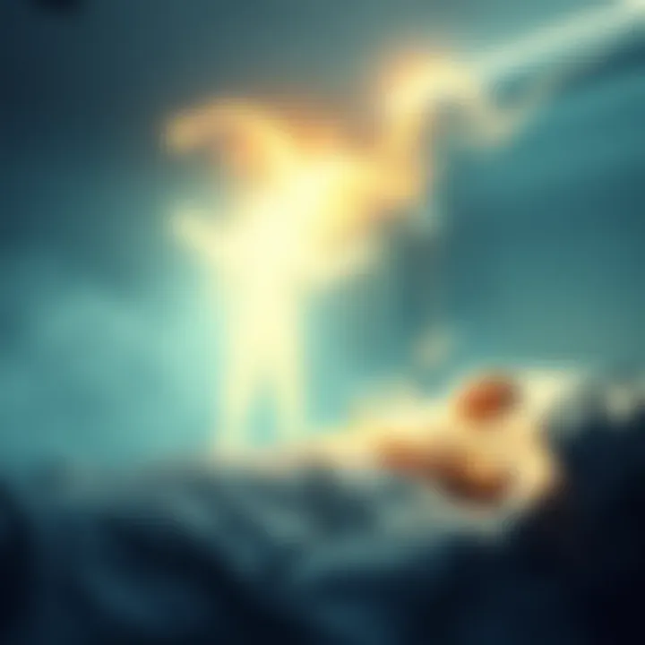 A softly glowing figure of a departed loved one standing beside a hospital bed, where a person is resting peacefully, suggesting a connection between life and afterlife.