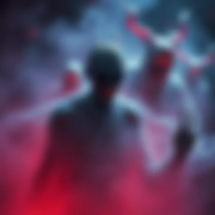 Ethereal figures in a dark mist with expressions of frustration and anger, symbolizing mean spirits from the afterlife