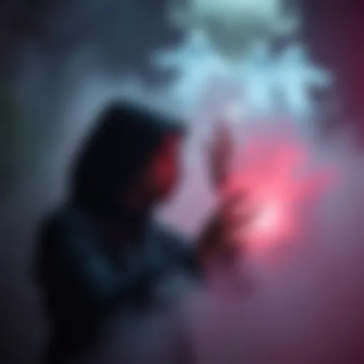 A person using a technique to make spirits disappear, surrounded by mist and light effects.