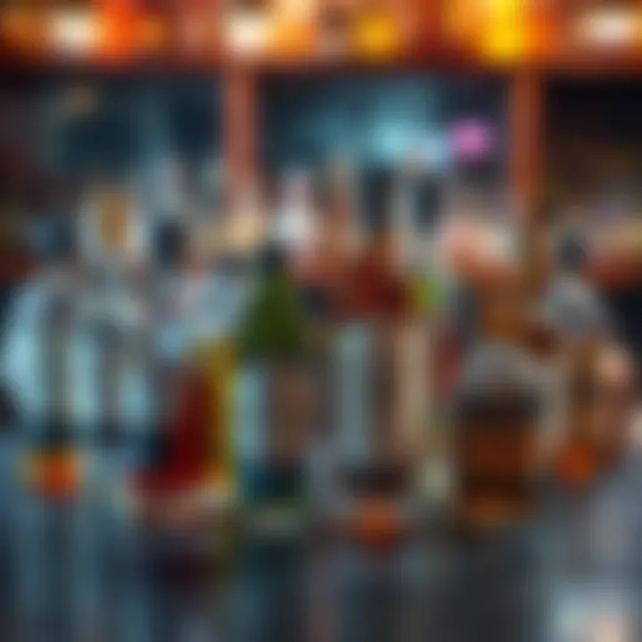 A table displaying various bottles labeled as spirits and substances, showcasing the contrast between them.