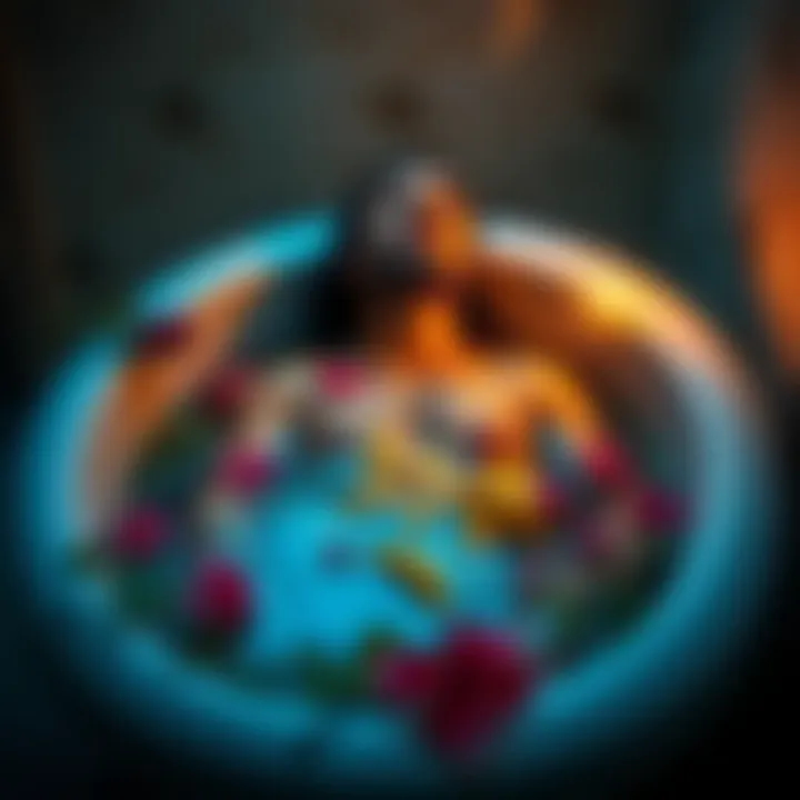 Individual relaxing in a bathtub filled with herbs and flowers, representing a spiritual cleansing ritual