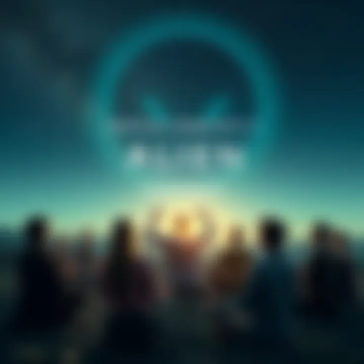 A group of diverse people meditating under a starry sky, sharing their thoughts and energies in a virtual space, symbolizing connection with aliens.