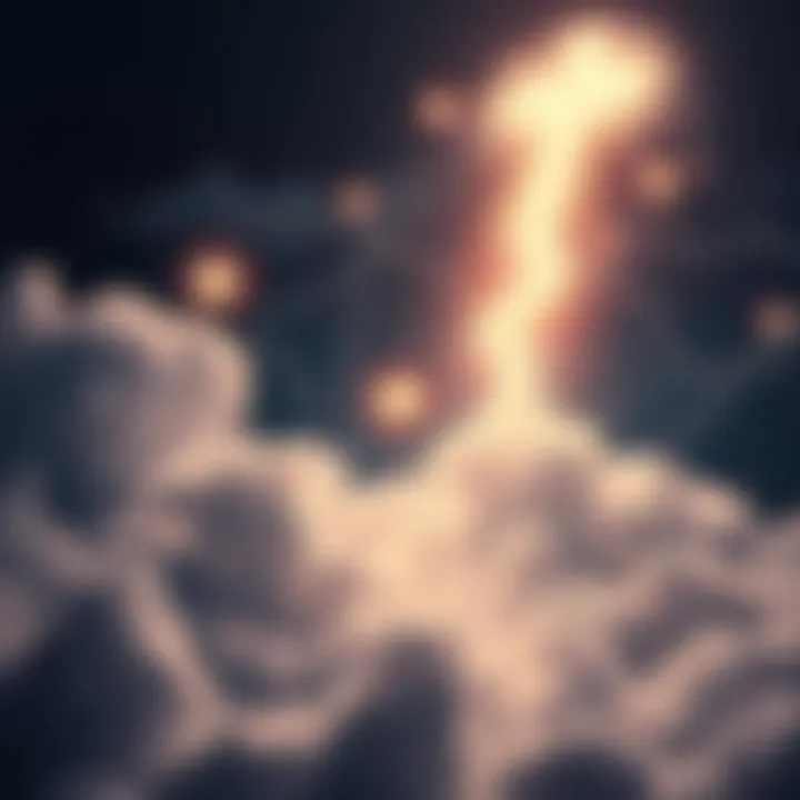 Symbols representing spiritual connection and ancient frequencies amidst stormy clouds and light.