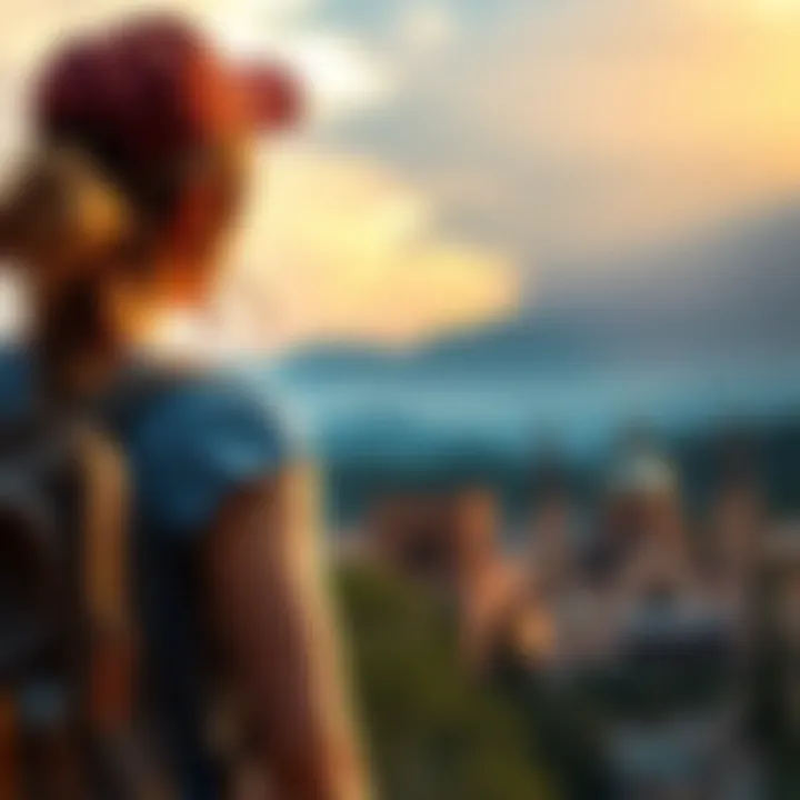 A woman traveling with a backpack, looking at a scenic view of Santa Fe, inspired by the teachings of Abraham Hicks.