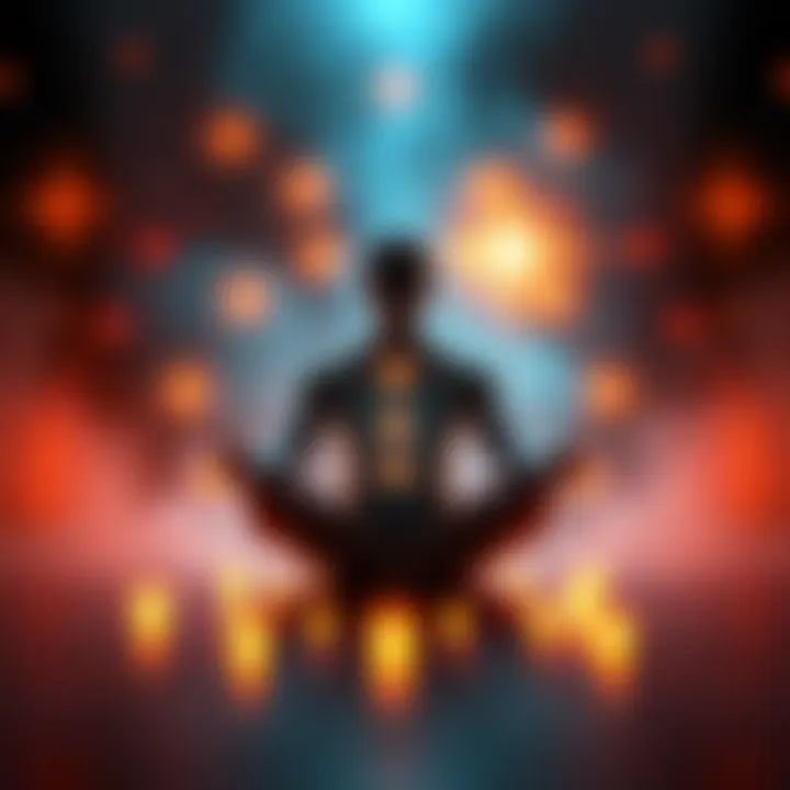 Spiritual Magnetism A person sitting cross-legged, surrounded by glowing energy orbs, representing good and bad spiritual influences.
