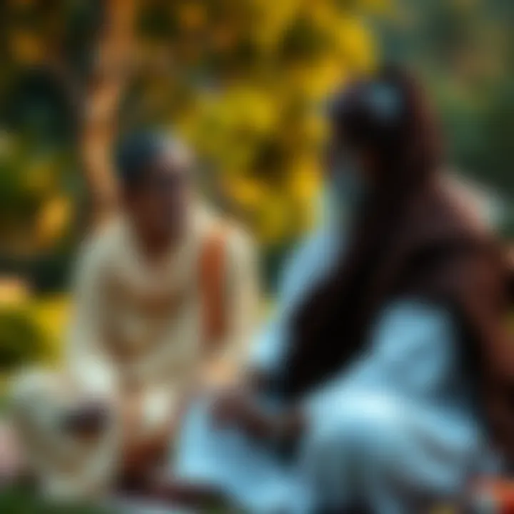 A woman sits with her husband, who is dressed in traditional spiritual attire, discussing guidance and personal growth in a serene outdoor setting.