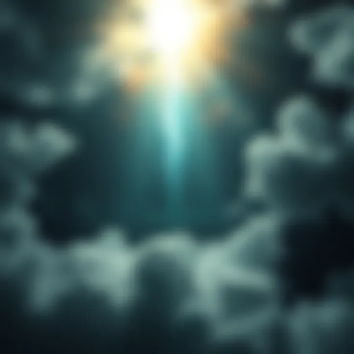 A serene depiction of a bright light in a dark space with ethereal clouds, representing different realms after death.