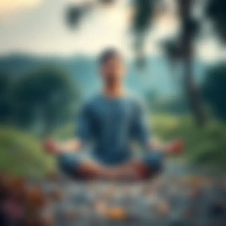 A person sitting cross-legged, eyes closed, in a serene outdoor setting surrounded by nature, reflecting on spiritual thoughts.