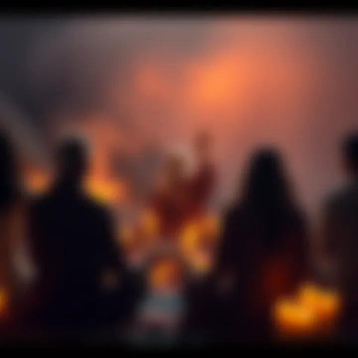 A spiritual teacher leading a group of people in meditation, surrounded by candles and symbols of spirituality, showcasing a contrast between genuine guidance and commercialism.