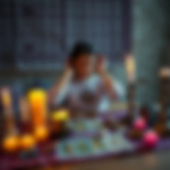 A young woman is arranging her spiritual altar with candles, crystals, and tarot cards, reflecting her newfound interests in spirituality and rituals.