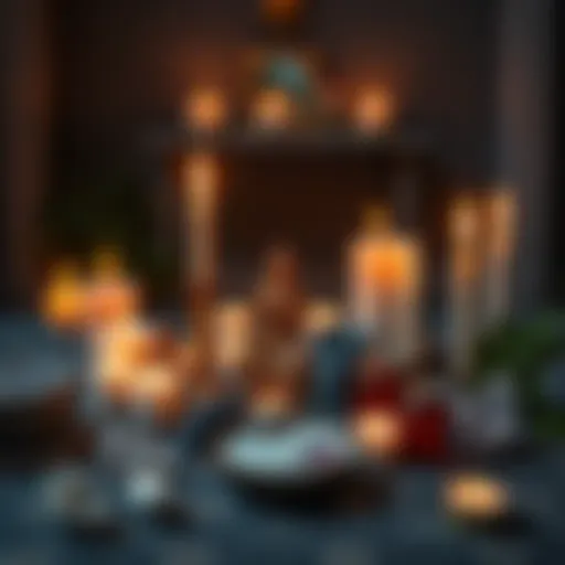 A serene spiritual altar featuring candles, crystals, and symbols representing divine beings, inviting reflection and connection.