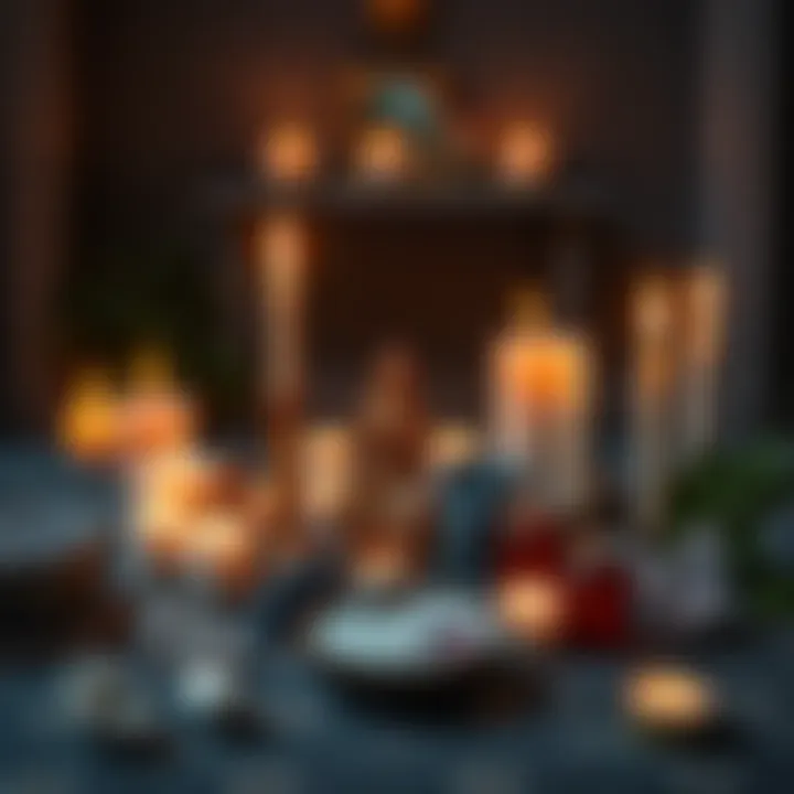 A serene spiritual altar featuring candles, crystals, and symbols representing divine beings, inviting reflection and connection.